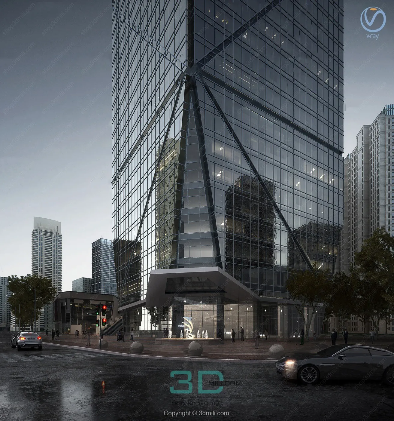 03.Modern cloudy office building exterior 3d model - 11036