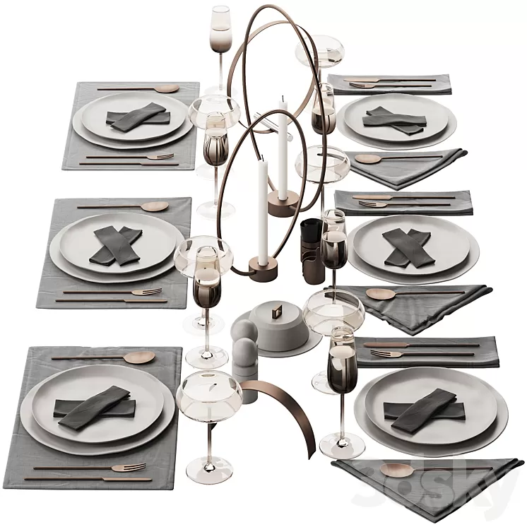 064 Tableware decor set 02 biege and bronze 00 3D Model Free