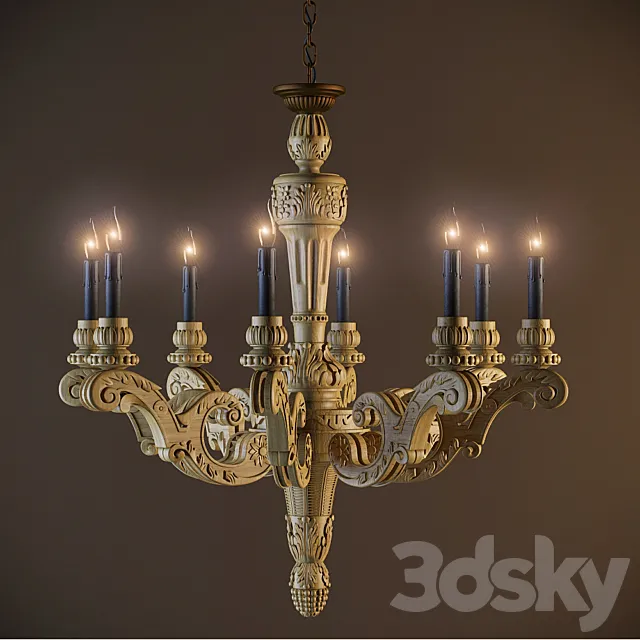 19th C. French Baroque Wood Chandelier Large 3DModel