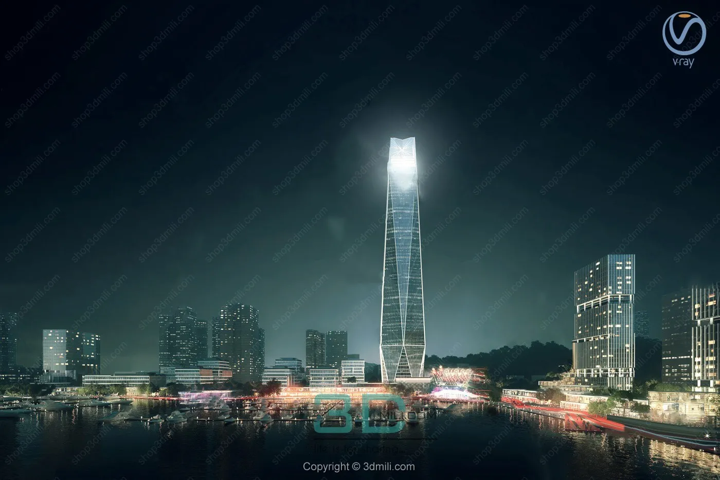 21.Modern lakeside high-rise office building exterior night view 3d model - 11054