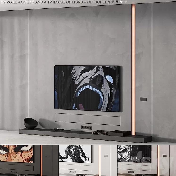 226 tv wall kit 08 minimal wall in 4 color and tv options 00 3D Model Free