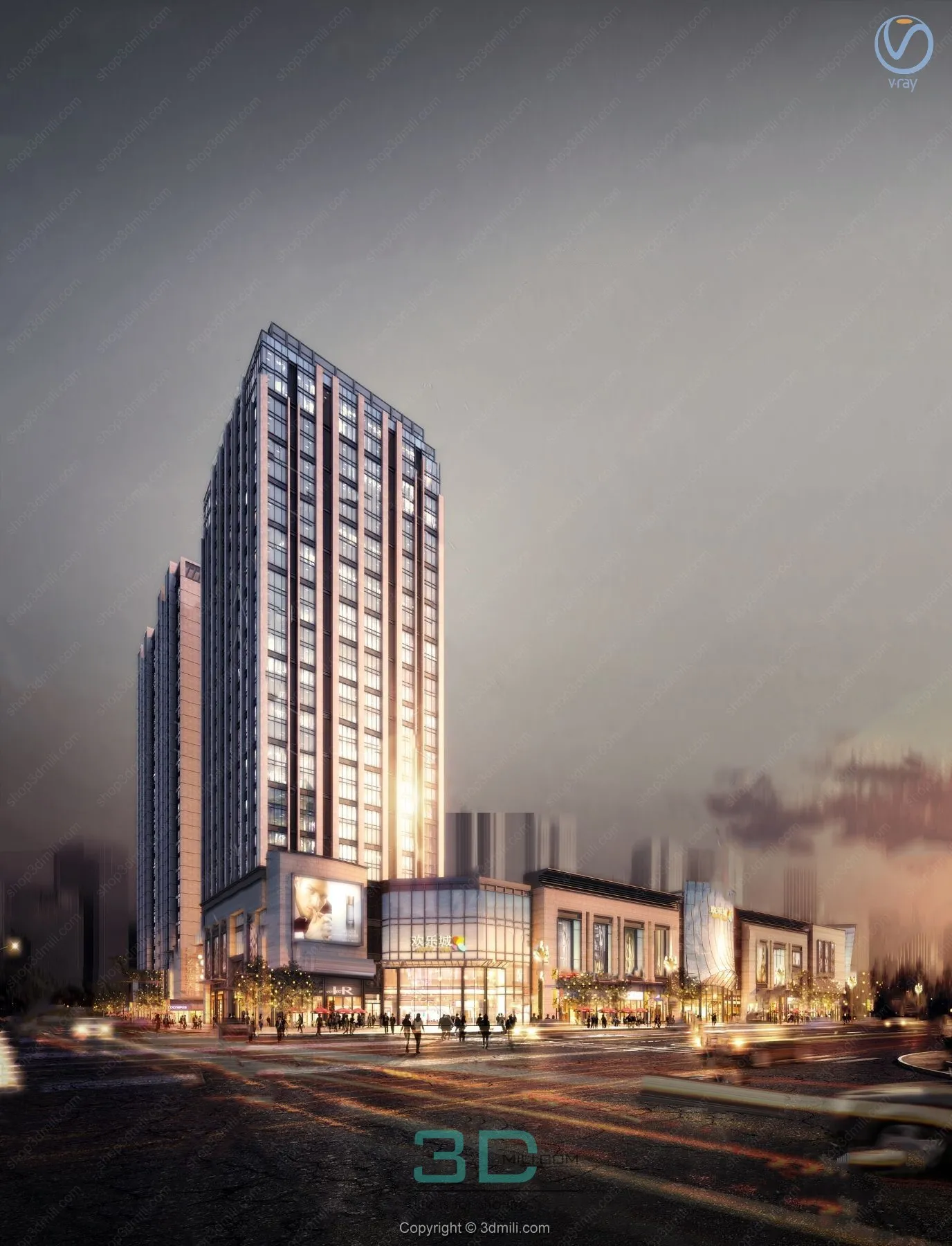 25.Modern commercial office building exterior night view 3d model - 11058