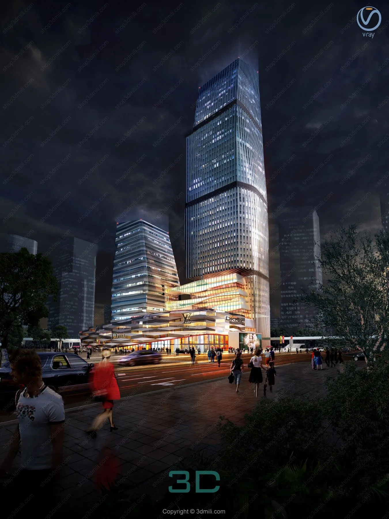 26.Modern commercial office building exterior night view 3d model - 11059