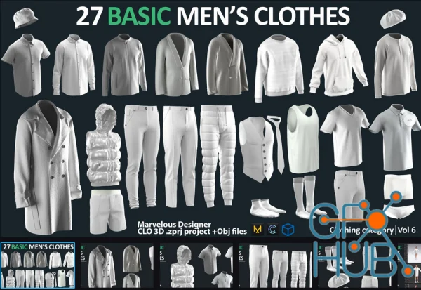 27 BASIC MEN'S CLOTHES PACK - Marvelous Designer - CLO3D + ZPRJ + OBJ + material