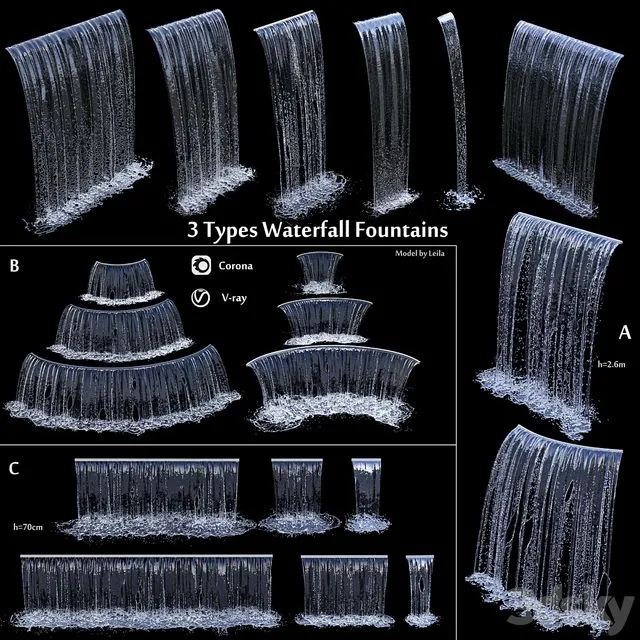 3 types of waterfall Fountains cascade in different sizes 3D Model