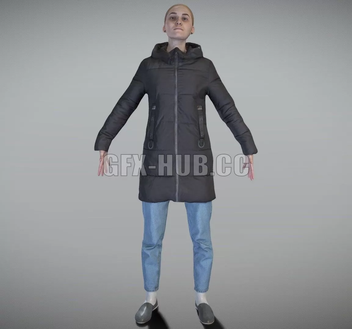 PBR Game 3D Model – Young woman in a black down jacket in A-pose 165