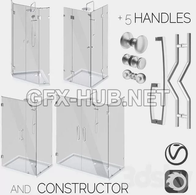 FURNITURE 3D MODELS – Angled glass shower cabins, designer and handle set