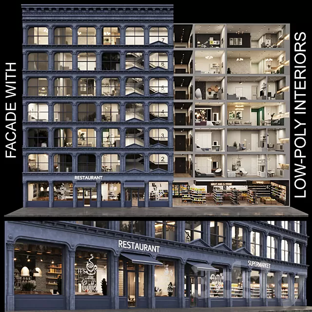 Architecture – 3D Models – Facade with lowpoly interiors