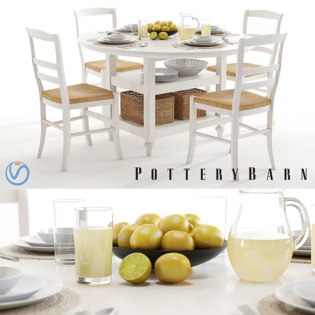 Furniture – Table and Chairs (Set) – 3D Models – Pottery Barn Shayne and Isabella white