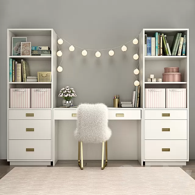 Office Furniture – 3D Models – Bookcases Restoration Hardware AVALON with desk WAXED WHITE IN COLOR (max)
