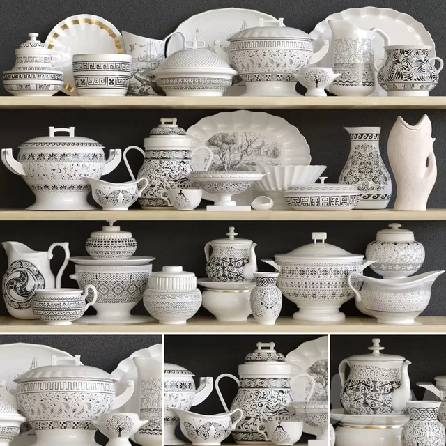 Decorative – Set – 3D Models – Classic Dinnerware Set on the shelves