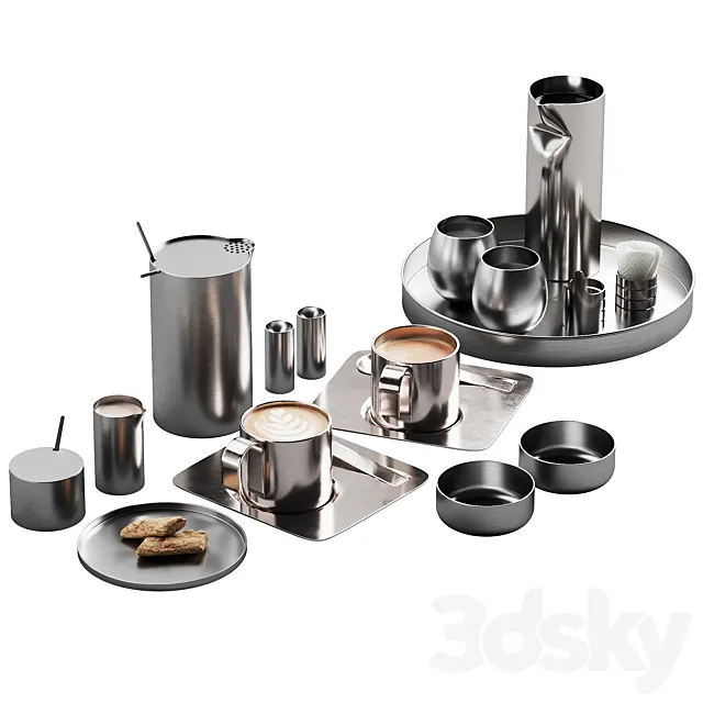 407 eat and drinks decor set 06 metal coffee and water kit for cafe 3D Model