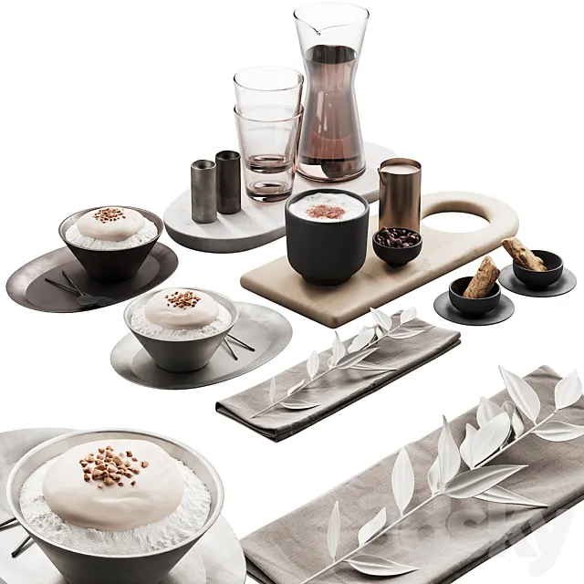 429 eat and drinks decor set 07 desserts with latte and water carafe 3D Model