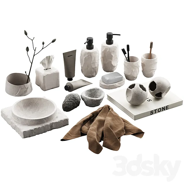 488 bathroom decorative set 04 cracked concrete accessories 01 3D Model