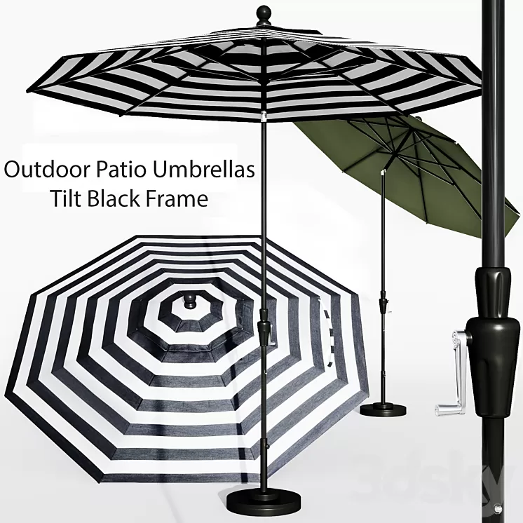 9' Sunbrella Black Cabana Stripe Outdoor Patio Umbrella with Black Tilt Frame + Reviews 3D Model