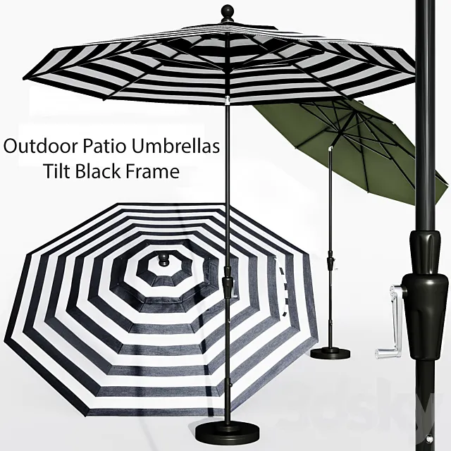 9' Sunbrella Black Cabana Stripe Outdoor Patio Umbrella with Black Tilt Frame + Reviews 3D Model