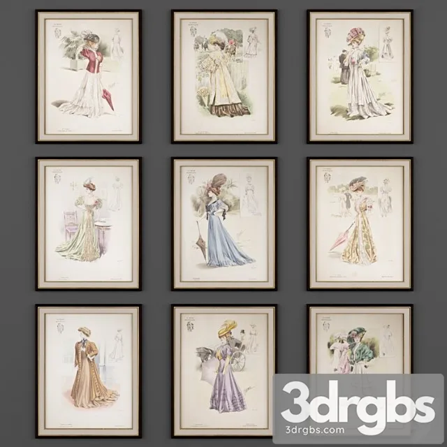 9 Vintage Fashion Engravings 3D Model Free