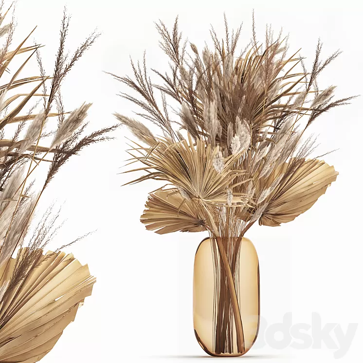 A beautiful bouquet of dried flowers in a glass vase with dry weinik branches and a dry palm leaf branch . 150. 3D Model Free
