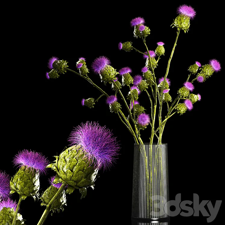 A beautiful green lush bouquet of stabilized dried flowers in a modern glass vase with branches of thorns thistle. Set 292. 3D Model Free