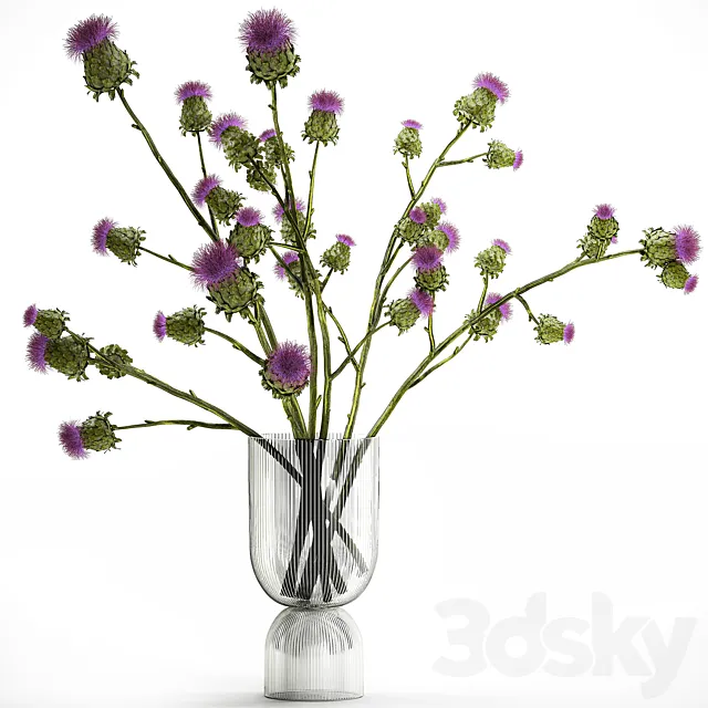 A beautiful green lush bouquet of stabilized dried flowers in a modern glass vase with branches of thorns thistle. Set 295. 3D Model