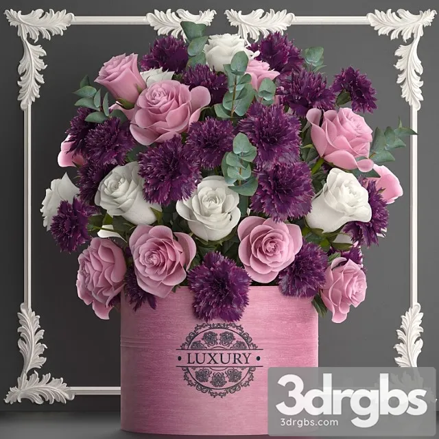 A beautiful lush modern bouquet of pink flowers in a luxury vase with a molded frame carnation roses eucalyptus branch set 93 3D Model Free