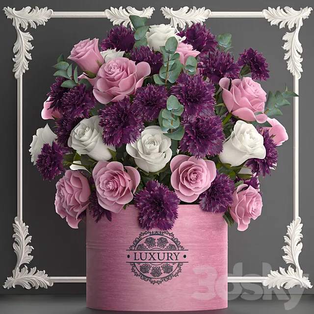 A beautiful lush modern bouquet of pink flowers in a luxury vase with a molded frame carnation roses eucalyptus branch. Set 93. 3D Model