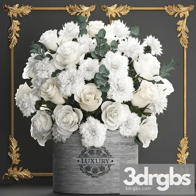 A beautiful lush modern bouquet of white flowers in a luxury vase with a molded frame carnation roses eucalyptus branch set 92. 3D Model Free