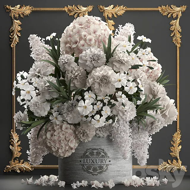 A beautiful lush modern bouquet of white flowers in a luxury vase with a molded frame hydrangea lilac peonies oleander gold. Set 91. 3D Model
