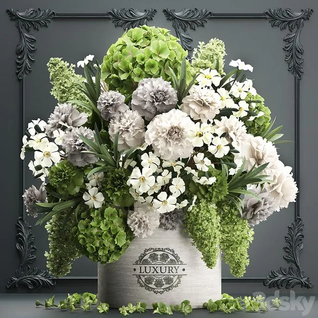 A beautiful lush modern bouquet of white green flowers in a luxury vase Set 90 3D Model