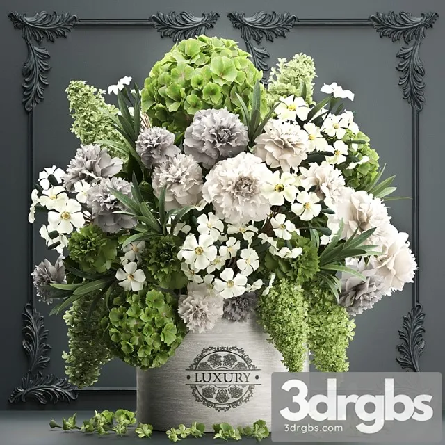 A beautiful lush modern bouquet of white green flowers in a luxury vase with a molded frame hydrangea lilac peonies oleander set 90 3D Model Free