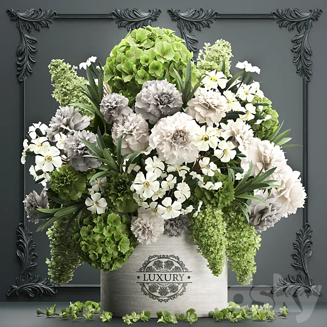 A beautiful lush modern bouquet of white green flowers in a luxury vase with a molded frame hydrangea lilac peonies oleander. Set 90. Free Download
