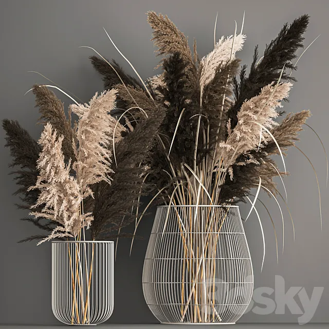 A bouquet of dried flowers with pampas grass in a basket reeds branches. Set 1071. 3D Model