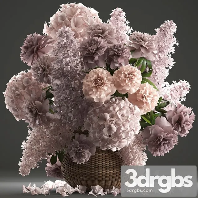 A Bouquet of Flowers 85 Lilac Hydrangea Basket Decor Peonies Eco Design Natural Decor Table Decoration 3D Model Free