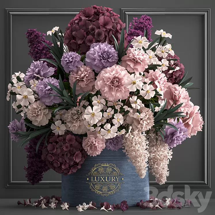 A bouquet of flowers in a gift box 87. Hydrangea vase peonies oleander decor luxury flowers luxury decor decoration stylish stucco frame 3D Model