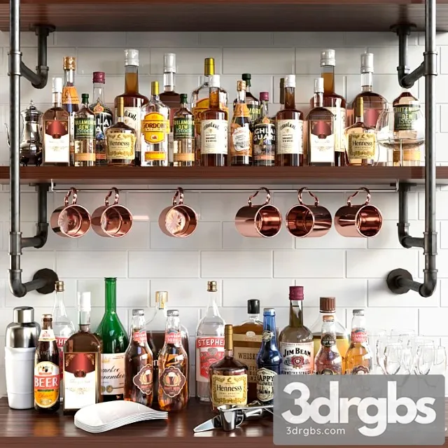 A collection of alcoholic drinks with a copper accent alcohol 15 3D Model Free