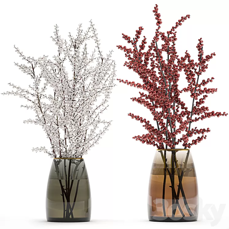 A collection of beautiful bouquets of branches with red and white berries in a vase of Ilex Holly dried flower Snowberry. Set 98. 3D Model