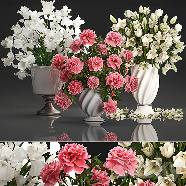 A collection of beautiful decorative bouquets in classic vases with pink peony White tulips Iris. Set 110. 3D Model