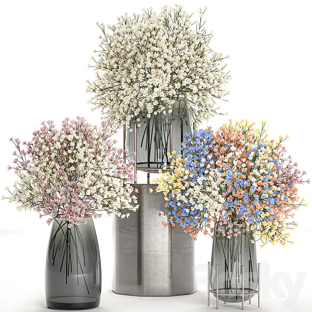 A collection of beautiful lush little white and pink bouquets in glass vases with Gypsophila Gibsolyubka Kachim. Set 107. 3D Model