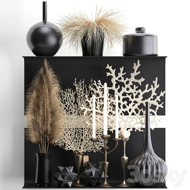 A collection of bouquets of dried flowers in vases on a black metal shelf with pampas coral Cortaderia candlestick. Set 12. 3D Model Free