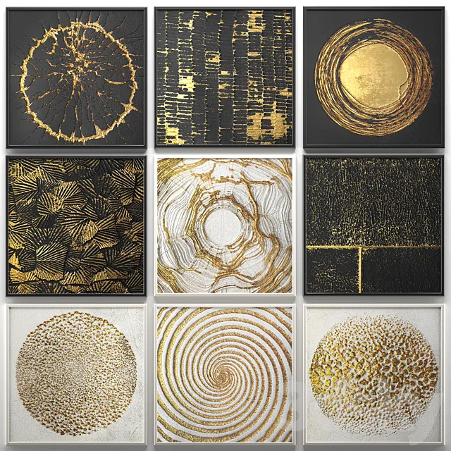 A collection of decorative paintings. Gold. 2 wall decor. a set of paintings. luxury. panels. gold. white. black. set. decorative. abstraction. pattern 3DModel