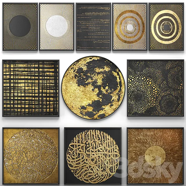 A collection of paintings. Gold. 14. wall decor a set of paintings luxury murals metal set decorative abstraction pattern loft industrial style gold 3D Model