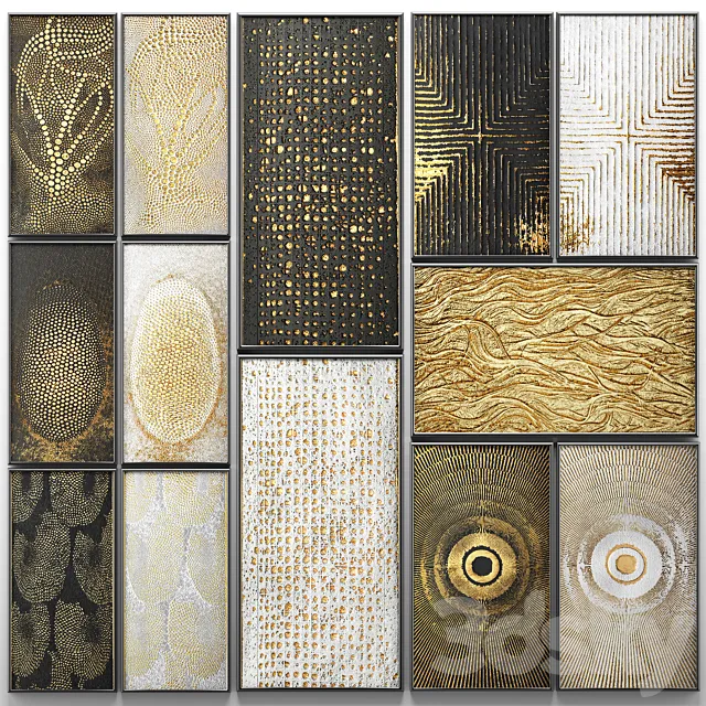 A collection of paintings. Gold. 3. wall decor. a set of paintings. luxury. panels. gold. white. black. set. decorative. abstraction. pattern 3DModel