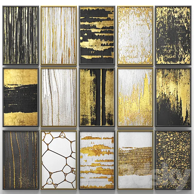 A collection of paintings. Gold. 6. wall decor a set of paintings luxury panels gold white black set decorative abstraction pattern 3D Model