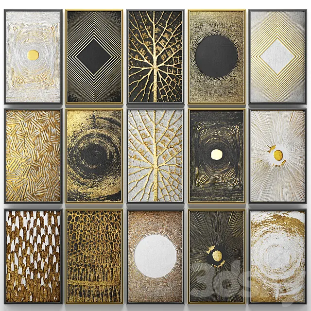 A collection of paintings. Gold. eight. wall decor. a set of paintings. luxury. panels. gold. white. black. set. decorative. abstraction. pattern 3DModel