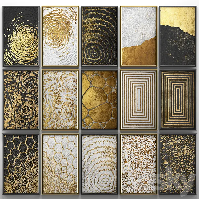 A collection of paintings. Gold. five.  wall decor. a set of paintings. luxury. panels. gold. white. black. set. decorative. abstraction. pattern 3DModel