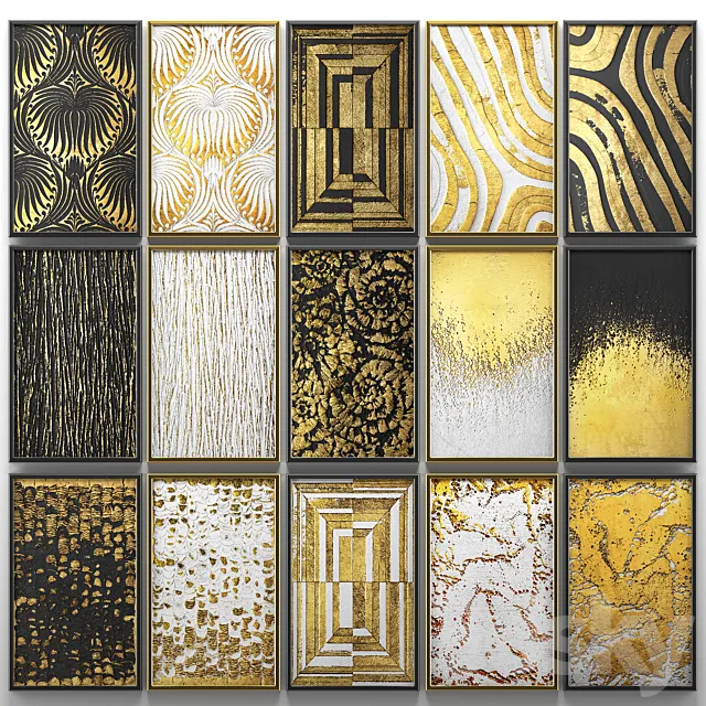 A collection of paintings. Gold. four. wall decor. a set of paintings. luxury. panels. gold. white. black. set. decorative. abstraction. pattern 3DModel