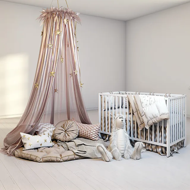 A cozy set for a children's room with a canopy. a cot IKEA Gulliver and a fluffy rabbit. 3DModel