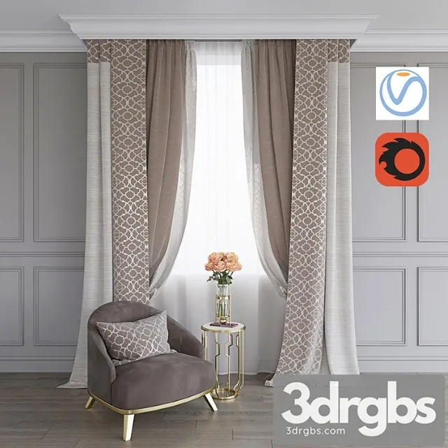 A Curtain An Armchair and a Table with Roses Vray Corona 3D Model Download