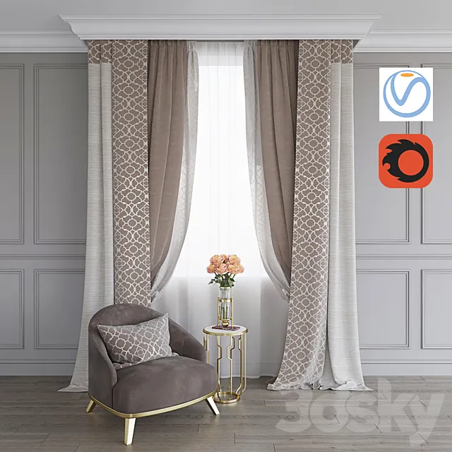 A curtain. an armchair and a table with roses (Vray + Corona)) 3DModel