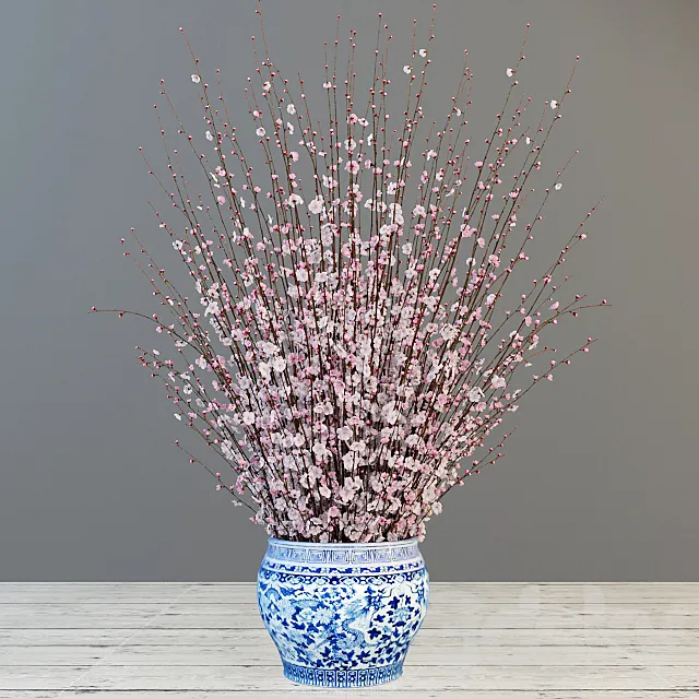 A large bouquet of cherry in the Chinese vase. 3D Model
